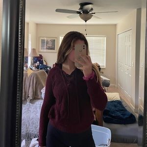 Medium maroon hoodie with crossover tie at top